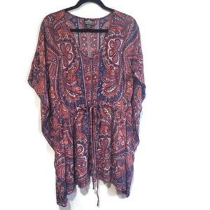 Angie Top Caftan Hippie Boho Tunic Drawstring Front Festival Artsy V Neck M
